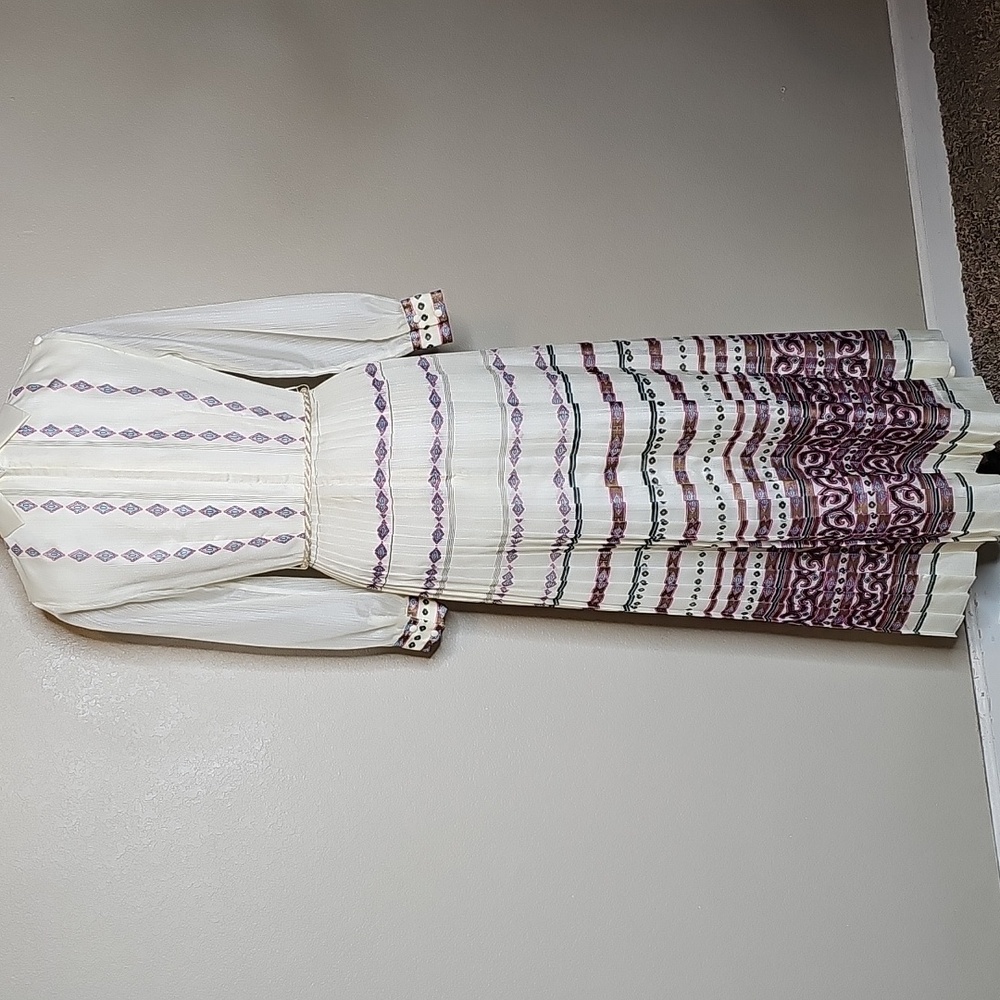 Vintage Alfred Shaheen 70s Hostess Dress Long Sleeve Maxi Custom Print Ivory 6/8 - Picture 7 of 14